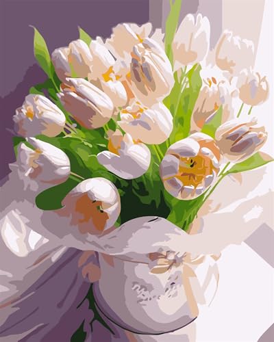 Cekog Peinture par Numéro Adulte Bouquet de tulipes blanches,avec Pinceaux et Acrylique Bricolage Toile Peintures Kits Paint by Numbers pour Débutant Décoration Lntérieure Maison sans Cadre,55x70 cm