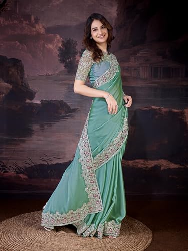 Image of TRENDMALLS Women's Designer Rangoli Silk Embroidered Saree with Floral Cutwork Border, Sequin Work and Unstitched Blouse Piece For Women