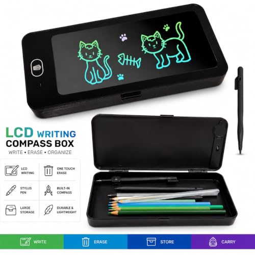 Image of LCD Writing Compass Box for Kids | Pencil Box with Writing Tablet & Stylus | Multifunction Geometry Box | School Stationery Organizer Case for Boys & Girls (Multicolor)