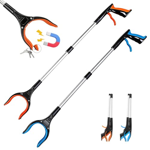Tmefoy Pince Ramasse Objet Pliable, Lot de 2 Outils de Ramassage avec Tête Rotative et Aimant Pince à Déchet Extension Pinces Telescopique Pince de...