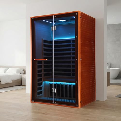 HOSAUNA Sauna Infrared Sauna 2 Person 1920W Low-EMF Wooden Home Spa Room Canadian Hemlock Wood Indoor Dry Saunas LCD Control Panel,10-Year Aftersale 47.2 * 35.4 * 74.8 Inches