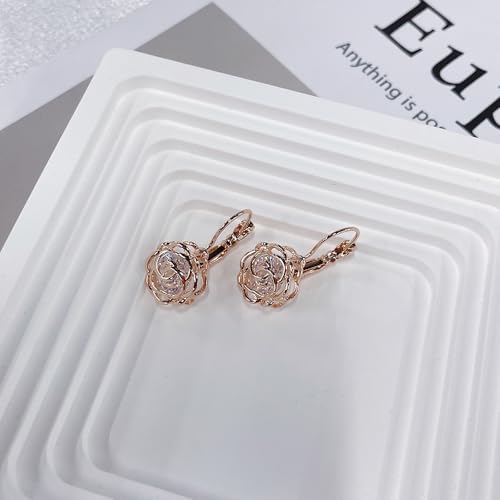 Blooming CZ Filigree 3D Rose Flower Crystal Leverback Dangle Drop Earrings for Women Sensitive Ear Sweet Dangling for Lovers Wedding Elegant Diamond Jewelry Gifts Hypoallergenic Her Girlfriend Valentines Day4