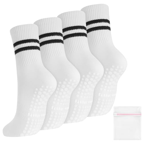 taonganui 4 pares de calcetines de pilates para mujer 35-42, calcetines de yoga antideslizantes, calcetines antideslizantes para mujer, pilates, yoga, deportes, correr, tenis (blanco), Color blanco.,