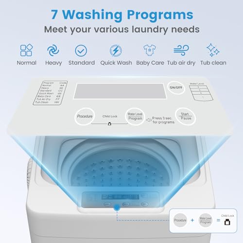 Image of VCJ Portable Washing Machine, 20 Lbs Full-Automatic Portable Washer with 7 Wash Cycles, LED Display, Electric Laundry Machine for Apartment, RVs, Dorms