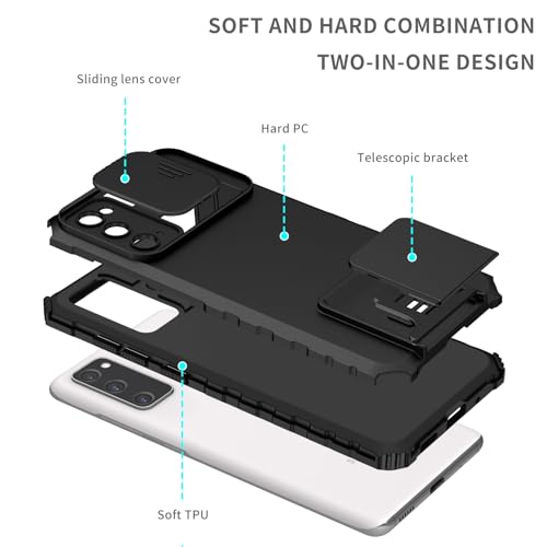 Image of ShieldTech Back Cover Case for Samsung Galaxy S20 FE 5G | Sliding Camera Shield | Stereoscopic Stand | Shockproof 360 Protection | PC + TPU Hybrid Mobile Case Cover for Samsung Galaxy S20 FE | Black