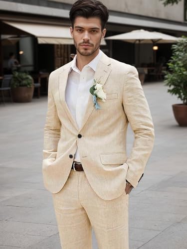 Linen Suit for Men Slim Fit 2 Piece, Mens Linen Suit Summer Beach Wedding Prom Party Formal Business Mens Suits2