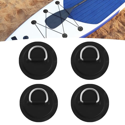 Robusto acciaio inossidabile. Materiale: la confezione contiene 4 toppe in PVC nero; l'anello a D è realizzato in acciaio inossidabile ed è saldamente collegato a una resistente toppa in PVC. Questo materiale offre un'eccellente resistenza alla corrosione e durata in condizioni di acqua, sole e all'aperto, ideale per kayak, SUP, gommone e accessori marini