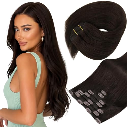 Image of Sunny Hair Clip in Hair Extensions Real Human Hair for Women Dark Brown | Hair Extensions Clip ins for Thin Hair 14inch, Secure Hold, Silky Texture, Add Volume with Natural Look for Workday 105g