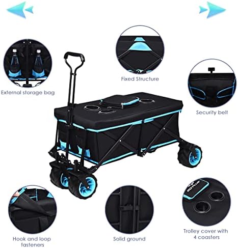 COSTWAY Folding Camping Wagon, Collapsible Garden Trolley with Top Cover, Cup Holders, Adjustable Handle and Insulation Bag, Transport Utility Cart for Shopping Gardening (118x55x75-99cm, Black)