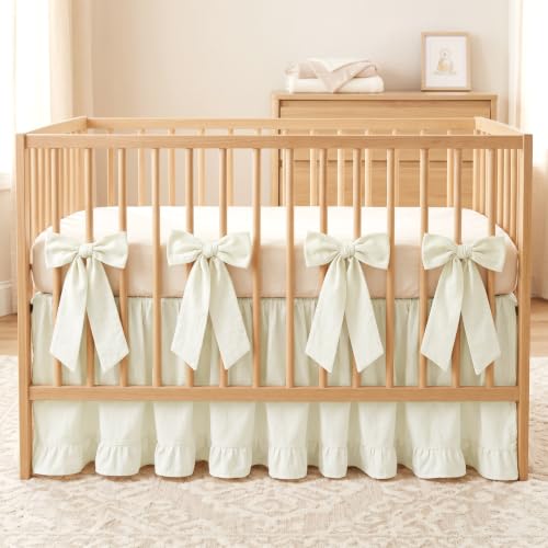 Image of Smoothnovelty Beige Crib Bed Skirts with 4 Large Cot Bow 28 inch x 52 inch,14 inch Drop