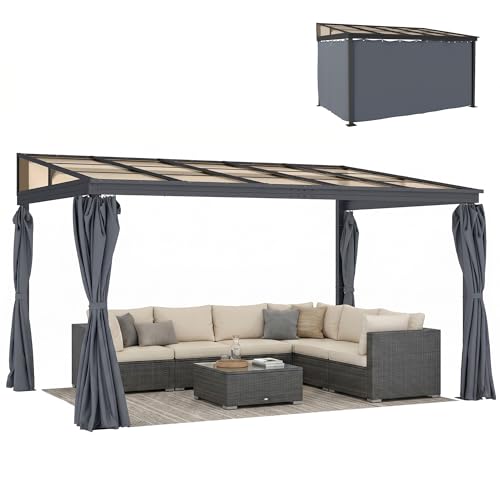 Outsunny 4 x 3(m) Outdoor Hardtop Gazebo with Curtains, Lean to Aluminium Pergola with Polycarbonate...