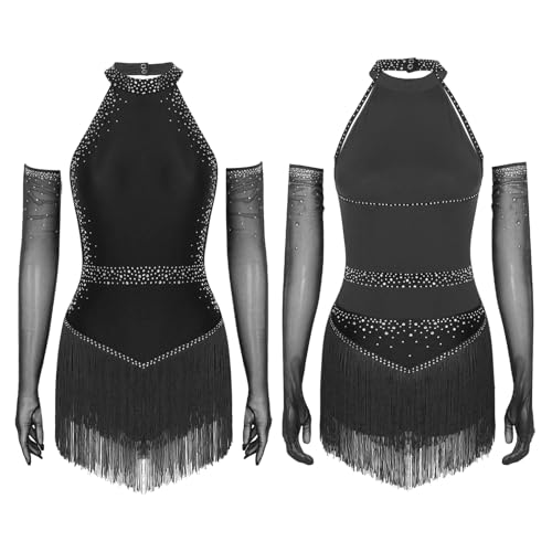 Costume danse tango femme unitard salsa avec franges et strass brillants