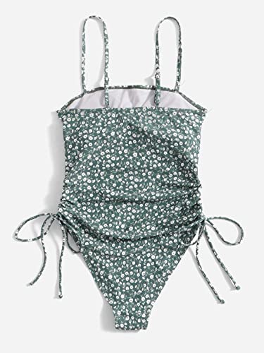 Floerns Women's Floral Print Monokini Swimwear Drawstring One Piece Swimsuit Dark Green L #TOP1