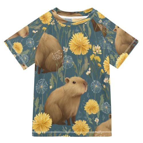 Boys Short Sleeve T-Shirts Floral Capybara Animal Rashguard Kids Swim Shirts Sun UPF 50+