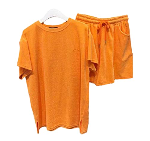 Ensemble 2 pièces femme ample orange rouge en taille XL avec t-shirt manches courtes et short