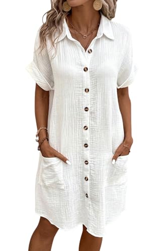 KOOSUFA Vestido camisero de verano para mujer, vestido de algodón con botones, manga corta, blusa larga, vestido con bolsillos, S, M, L, XL, XXL, blanco, M