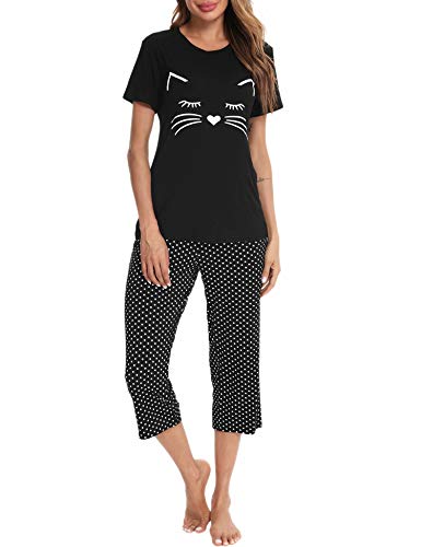 SWOMOG Womens Pajama Set Sleepwear Tops with Capri Pants Casual and Fun Prints Pajama Sets