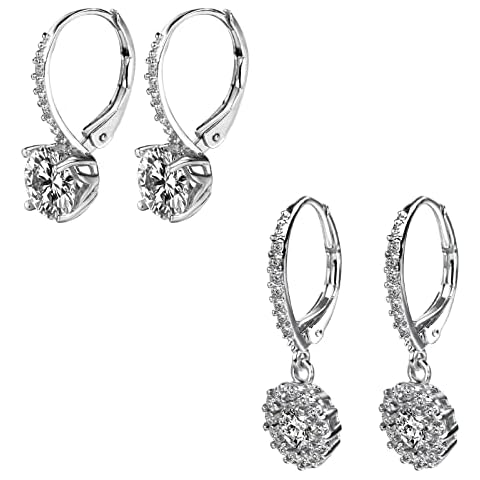 Cubic Zirconia Drop Earrings for Women Halo Round CZ Dangle Leverback Earring Wedding Gifts (Halo drop and round cut dangle 2 pairs) Cover