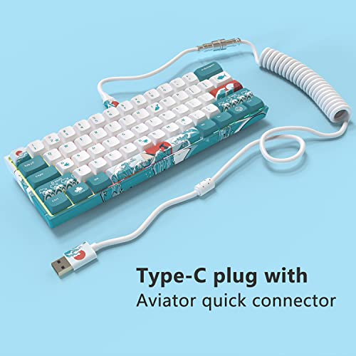 XVX Custom Coiled Keyboard Cable, Double Sleeve Coiled USB C Cable for Gaming Keyboard, Coiled Cable with Detachable Metal Aviator, USB-C to USB-A, White, Coral Sea Pattern