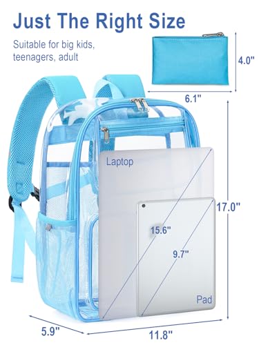 Image of Heavy Duty Clear Backpack For School, 17 Inch Clear Bookbag For Kids Boys Girls Women Men, Large See Through Backpack With An Extra Pouch Accessories, Multi-Pockets Tranparent Bag, Light Blue