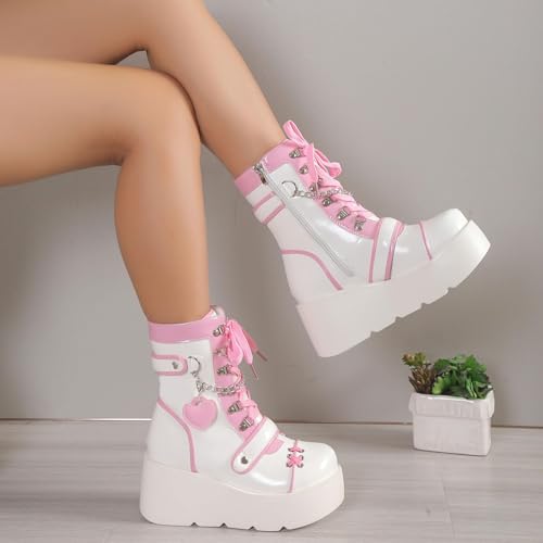 SACFOF Women's Combat Boots Lace Up Wedge Chunky Platform Ankle Booties Goth Punk Cute Heart Lace Up Rave Booties with Chain4