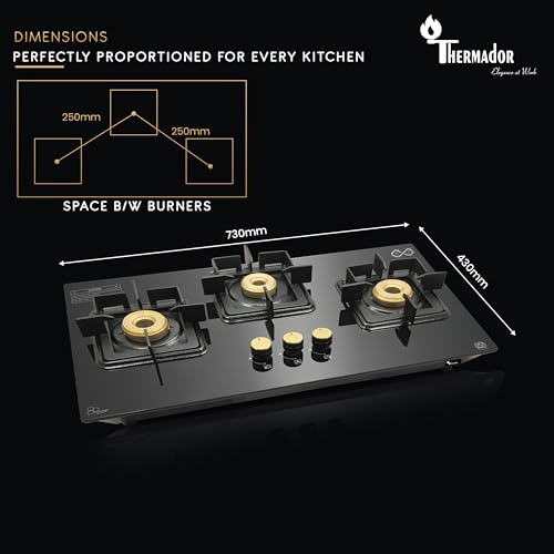 Image of Thermador 3 Burner Diamond Hobtop Gas Stove With Manual Ignition. Toughened Glass Top,Brass Burners,Stainless Steel Drip Tray,Anti-Skid Pan Support- LPG Compatible Kitchen Cooktop