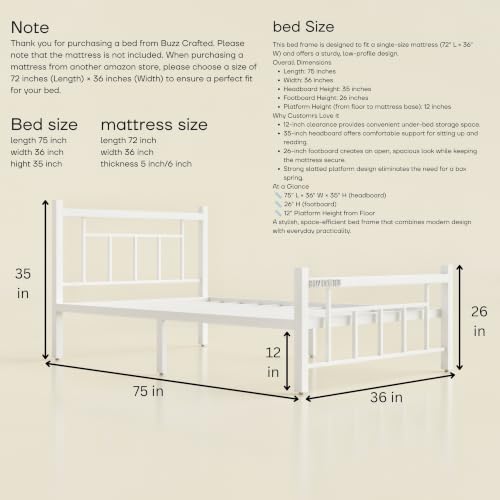 Image of Single Size Metal Bed Frame | SingleMetal Bed for Adults | Heavy Duty Iron Bed | Steel Bed Single | Single Metal Cot | Platform Bed | White MetalBed | Strong Steel Slats | No Box Spring Needed