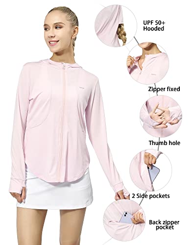 Meloo Women's Upf 50+ Sun Protection Hoodie Shirt Full Zip Long Sleeve Cooling Shirt Hiking Outdoor Performance Pockets Pink Xl #TOP3