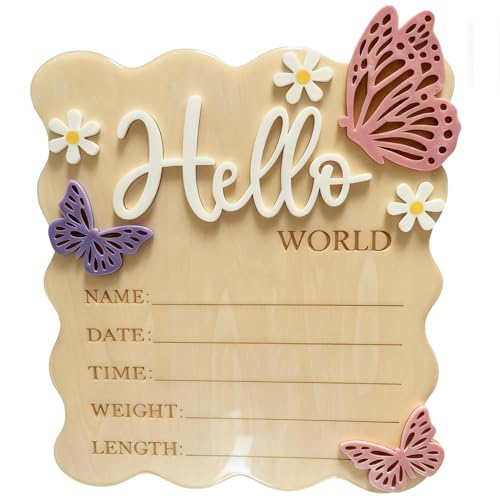 Image of XYZRTLON Wooden Birth Announcement Sign - Butterfly Daisy Hello World Newborn Baby Name Birth Stats Board, Floral Nursery Decor Photo Prop, Hospital Welcome Sign (white)