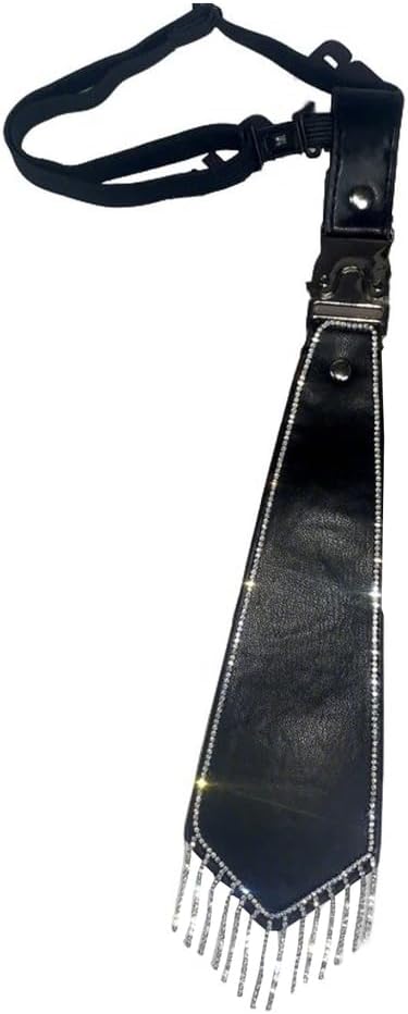 Rhinestone PU Leather Ties for Women Men Sparkly Fringed Adjustable Punk Chain Necktie for Casual Formal Party
