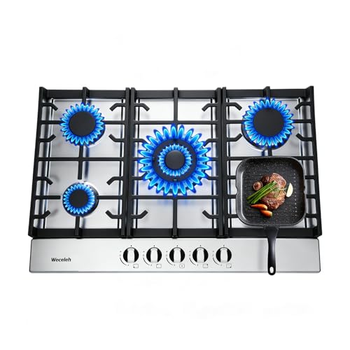 30 Inch Gas Cooktop, 5 Burners Built in Gas Stove Top, NG/LPG Convertible Propane Cooktop, Auto Ignition, Stainless Steel Surface, Cast Iron Grates, Thermocouple Protection, ETL