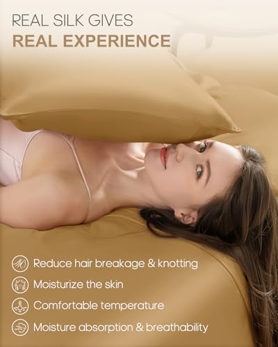 Image of THXSILK Set of 2 100% Pure Mulberry Silk Pillowcases for Hair and Skin, 22 Momme Zipper Silk Pillow Case Standard Size, Real Silk Pillowcases with Zipper (Metallic Gold, Queen 20 inchx30 inch)