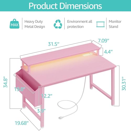 Image of Lufeiya Small Girls Desk with Power Outlets and LED Lights, 32 Inch Gaming Desk Table with Charging Station, Home Office Computer Desks with Monitor, Pink