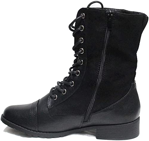 Image of Forever Link Womens Round Toe Military Lace Up Knit Ankle Cuff Low Heel Combat Boots