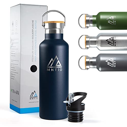 MNT10 Botella de Acero Inoxidable de 750 ml, Botella de Agua para Exteriores, de 0,75 l, con función Aislante, para Deportes, Senderismo, Trabajo, con Tapa de bambú, Pajita y Funda Protectora Cover