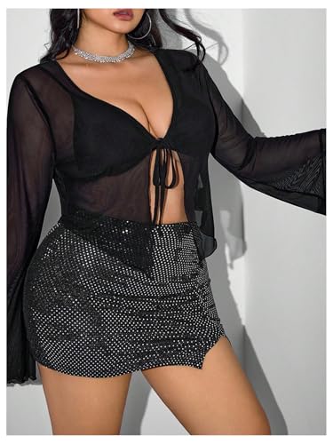 SHENHE Women's Plus Size Tie Front Sheer Mesh Bell Sleeve Shrug Bolero Cropped Top Coverup3