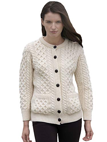 Aran Crafts Women's Cable Knit Wool Soft Buttoned Lumber Jacket (XP311-MED-NAT)