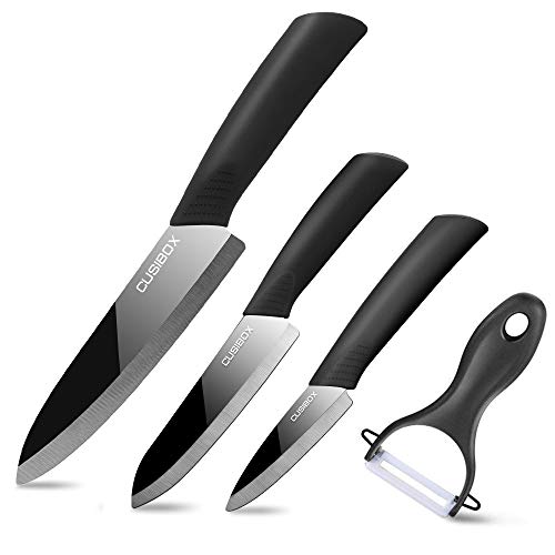 Ceramic Knife Set With Sheaths - Super Sharp & Rust Proof & Stain Resistant Ceramic Chef Knife, 6" Chef Knife, 4" Utility Knife, 3" Paring Knife, 1 Peeler (Black)