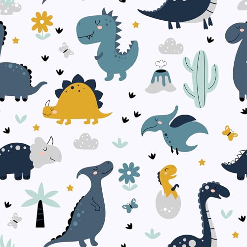 FANCYEASY Baby Dinosaur Wallpaper Peel and Stick Funny Kids Wallpaper for Boys Room Bedroom Nursery Self Adhesive Cartoon Dino Palm Tree Volcano Wall Mural Removable Animal Contact Paper 12'x100'