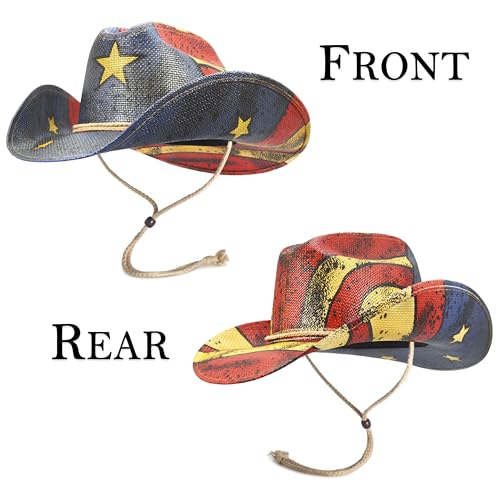 Image of Keilin Straw Cowboy Hat for Women and Men - American Flag Patriotic USA Western Hat 4th July Cowgirl Country Rodeo