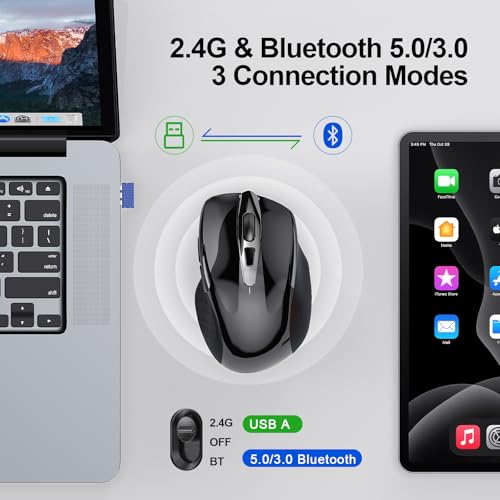 Image of TECKNET Wireless Mouse (BT5.0 /3.0 & 2.4G) Rechargeable 4800 DPI Silent USB A & Bluetooth Mouse 6 Buttons, Wide Compatibility - Black