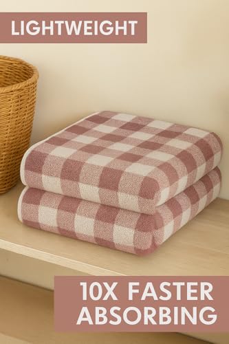 Image of Cortina Checks Printed Microfiber Towels for Bath Large Size-Super Soft Coral Fleece Bathing Towel with Hook Quick Dry Super Absorbent-Bath Towel for Men and Women-70x140 cm [Red]
