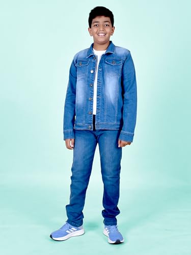 Image of KiddoPanti Boys Denim Jacket | Cotton Poly Blend with Spandex | Washed Denim, Full Sleeve | Button Closure & Front Flap Pockets | Collared Neck
