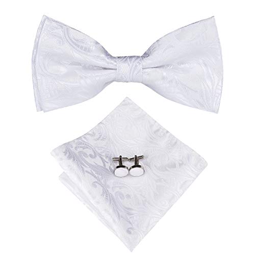 Image of Hi-Tie White Floral Bow Ties for Men Pre-Tied Pocket Square Lapel Pin Cufflinks Mens Bowtie Sets for Wedding Formal Party