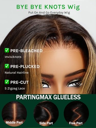 Image of KLAIYI Ombre Highlight Blonde Loose Body Wave Bye Bye Knots Glueless Wigs Human Hair 7x5 Precut Lace Front Pre Plucked Bleached Ready to Wear Go Wig with Face Framing Curtain Bang Caramel Brown 26Inch