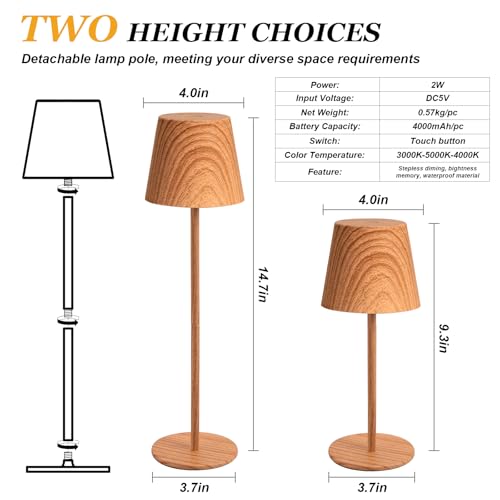 Image of Kakanuo Wood Grain Cordless Table Lamp Rechargeable - 2 Pack 5000mAH Battery Operated Lamp for Counter, 3 Color Stepless Dimming Wireless Lamp for Dining Kitchen, Outdoor Patio, Touch Control