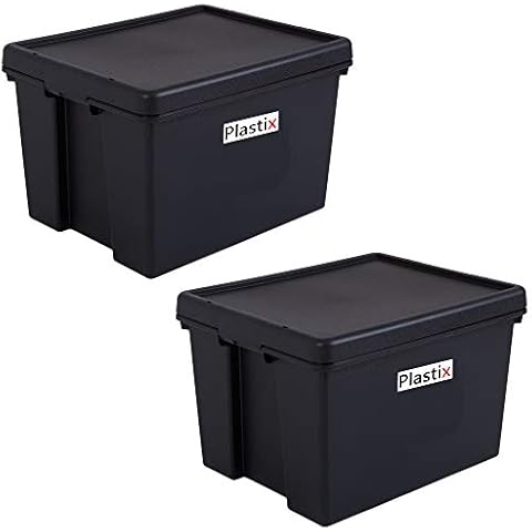 2 X Heavy Duty Strong Recycled Plastic Storage Box Boxes With Lids - 24L 24 Litre - Black Cover