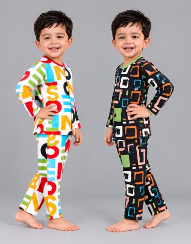 Image of 3BROS Kids Pure Cotton Night Suit Set | Boys Girls Printed Sleepwear Shirt & Pajama Clothing Combo | Soft Breathable Night Dress Outfit | Pack of 2