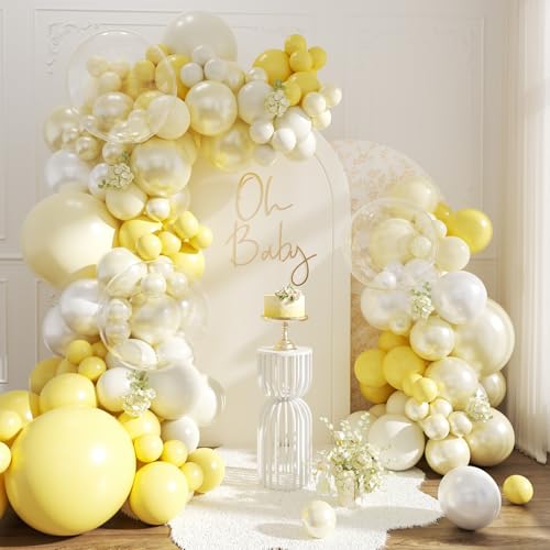 Yellow Balloon Arch Kit 108Pcs Double Stuffed Pearl Yellow Pastel Yellow White Clear Balloons for Bridal Shower Baby Shower Birthday Wedding Engagement Party Decorations
