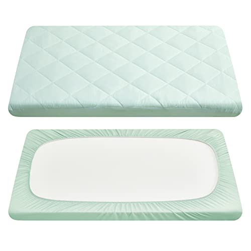 Image of TILLYOU Cloudy Soft Pack N Play Sheets Fitted Quilted, Breathable Thick Play Yard Playpen Sheets, 39"x27" Fits Mini/Portable Crib Mattress, Sage Green